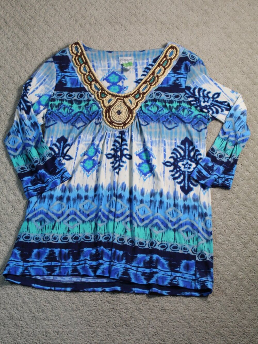 Chicos Sz 2 / 12 Blue White Top Brown Bead V-Neck Blouse 3/4 Sleeve Pullover Top
